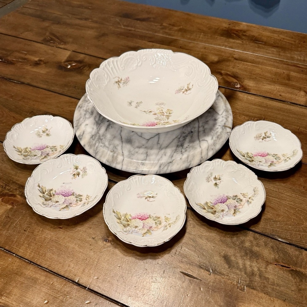 6pc VTG Antique Germany Porcelain China Floral Hydrangea Serving Bowl Set